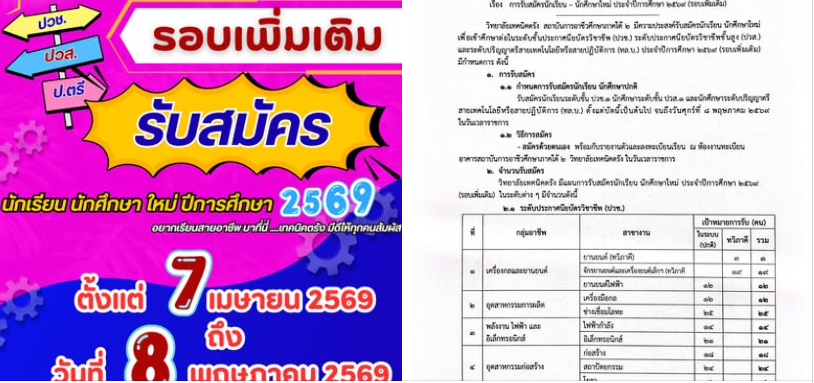 ประกาศวิทยาลัยเทคนิคตรัง เรื่อง การรับสมัครนักเรียน-นักศึกษาใหม่ ประจำปีการศึกษา 2569 (รอบเพิ่มเติม)